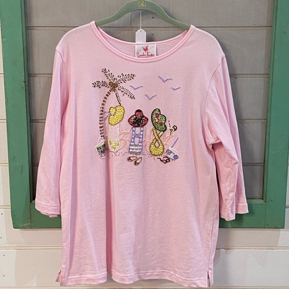 Quacker Factory Light Pink Long Sleeve Tee with Beach Appliqués